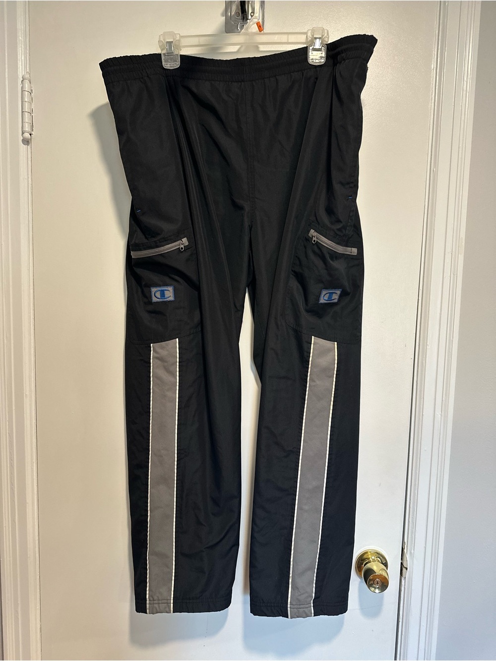 VTG Y2K Champion Black C2H4 Sz:L Splicing 3M Lined Seaplane Wide Leg Track Pants